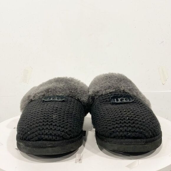 UGG Cozy slip-on slippers Womens Sz 9.5 Knit Upper Fur lining Black Gray - Picture 5 of 11
